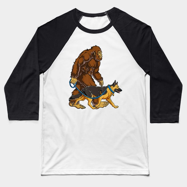 Funny Bigfoot Sasquatch Walking German Shepherd Baseball T-Shirt by JameMalbie